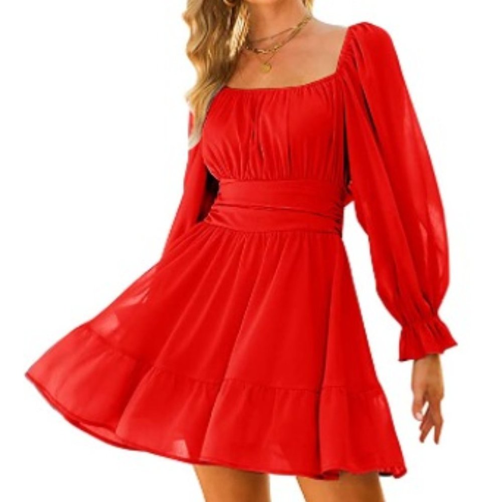 Women's Red Tie Back Square Neck Casual Cocktail Dress